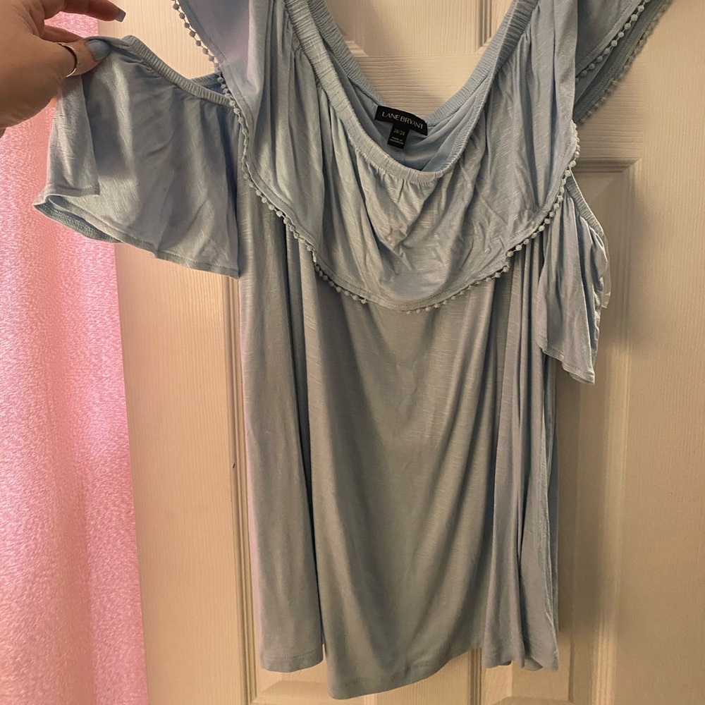 Light blue off the shoulder blouse
